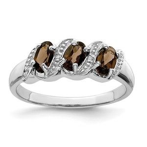 925 Sterling Silver Rhodium 3 Stone Smoky Quartz & Diamond Ring